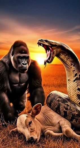 Gorilla vs Anaconda: Saving the Calf #wildlife #wildliferescue #gorilla