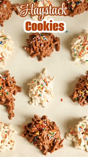 These fun and festive no-bake Haystack Cookies are made with a handful of common ingredients in less than ten minutes and are customizable for any special occasion or holiday with different sprinkles. | Quick and Easy Recipes