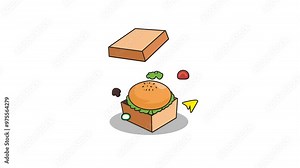 burger animation in the box popping out. slow motion, floating topping. transparent background. alpha channel. looping animation