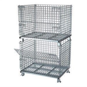 [Hot Item] Collapsible Galvanized Heavy Duty Storage Transport Wire Mesh Container with Caster