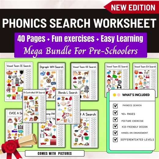40  Page Phonics Worksheets,printable,ispy Search Phonics,cvc,diagraphs,blends,cvce,vowel Teams,r Controlled Vowels,kinder,first Grade Print - Etsy