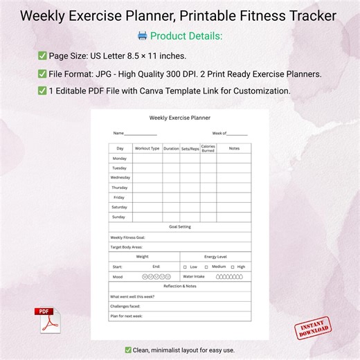 Weekly Exercise Planner Printable | Fitness Tracker Template - Etsy