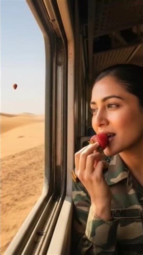 #Indian Female Soldier Sitting Bear a train window, eating a strawberry,