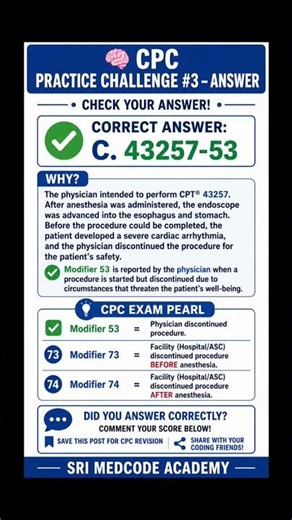 CPC Practice Challenge 3 Answer | Modifier 53 vs 73 vs 74 | EGD CPT Coding Explained---