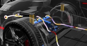 Electric performance car with visible charging components and inner workings. Technology related 4K 3D Animation.