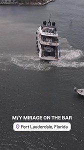 M/Y Mirage, a 39.2-meter Mangusta Oceano 39, ran aground on a sandbar in Fort Lauderdale after leaving Bahia Mar Yachting Center. Steel Towing began the process of pulling the vessel out, but they’d have to wait another eight hours with the tide working against them, according to @highseasyachting who shot the video. #tritonnews #yachting #yacht #fortlauderdale #yachtcrew #yachtcaptain | The Triton