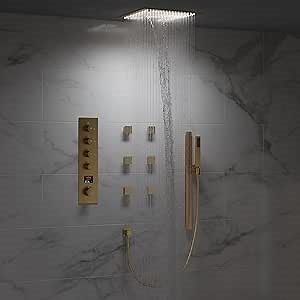 16" LED Mood Lighting Shower System, Ceiling Mount Thermostatic Shower System with Valve (Brushed Gold)