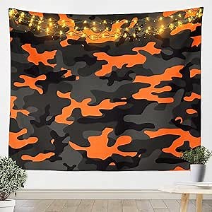 Feelyou Army Camouflage Tapestry Wall Hanging Teens Camo Tapestry for Kids Boys Girls Colorful Pattern Decor Wall Tapestry Orange Black Grey Wall Art for Bedroom Living Room,Large 59x82 Inches