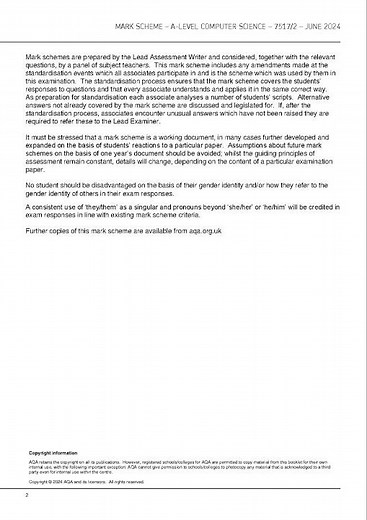 AQA A LEVEL COMPUTER SCIENCE PAPER 2 MARK SCHEME 2024 (7517/2) #exam #education #computerscience