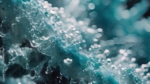 Video animation footage of moment of water splashing. Each droplet is suspended in mid-air, frozen in motion. Illuminated by light, the droplets sparkle, creating an ethereal scene