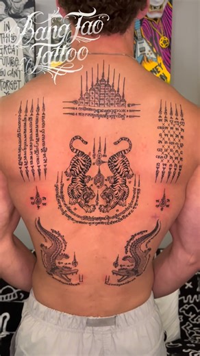 bangtaotattoo on Instagram: "Thai sak yant (Full back ) : A full back tattoo of ancient Khmer sacred script and auspicious animal motifs covers the entire back. It signifies the enhancement of high levels of Buddhist power, including invincibility, protection from harm, power, prestige, and popularity. The focus is on protection from all-around dangers. It is believed that these tattoos strengthen one‘s destiny and bring good fortune. Thanks for trusting me, What you want is intention from us.🙏