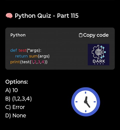"💻 Time to put yourself to the test!" 🧠 Want to challenge your skills? Try our quizzes now! Follow Dark Codefor more interesting Quiz 🔁 Consistent practice = consistent growth 🎯 Test your knowledge today and level up! 🚀 #ProgrammingQuiz #CodePractice #LearnToCode #DeveloperLife #DarkCode #TechQuiz #QuizTime #CodeChallenge #DailyQuiz #ProgrammingJourney | Dark Code