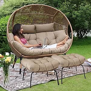 NICESOUL Double Egg Chair with Footstools & Cushions, Oversized Wicker Boho Chair Extra Large with Footrests Stationary 2 Person Loveseat Comfort Deep Seating for Indoor Outdoor