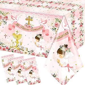 First Communion Decorations-3pcs Pink Mi Primera Comunion Tablecloth Baptism Table Covers for Girl Newborn Baby Shower Table Cloth for First Communion Baptism Decorations
