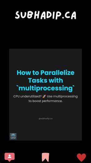 Subhadip Mukherjee on Instagram: "Is your Python script leaving CPU cores idle? 😴 Let's change that! Multiprocessing is Python's solution for true parallelism, allowing you to smash through CPU-bound tasks by running them on separate cores simultaneously. It's a game-changer for data processing, complex calculations, and any task that makes your computer sweat. 🥵 -> 😎 Swipe through to see how you can use the `Process` and `Pool` classes to speed up your code and some important gotchas to keep