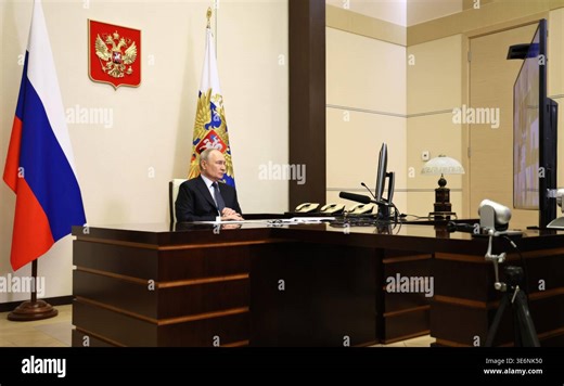 Novo-Ogaryovo, Russia. 07 April, 2026. Russian President Vladimir Putin chairs a video conference meeting to discuss the severe flooding in the Dagestan region from the Novo-Ogaryovo state residence, April 7, 2026 in Novo-Ogaryovo, Moscow Oblast, Russia. Floodwaters have killed 6 people and destroyed 6,000 homes after heavy rainfall. Credit: Alexander Kazakov/Kremlin Pool/Alamy Live News Stock Photo - Alamy