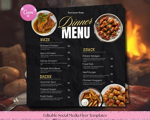 Modern Dinner Menu Template | Editable Restaurant Canva Flyer (instant Download) - Etsy