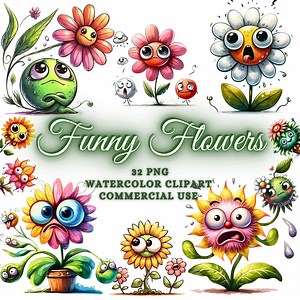 32 Watercolor Funny Cute Flowers Clipart Bundle, Funny Flower Png Bundle, Funny Flowers Sublimation, Watercolor Flowers Clipart Bundle - Etsy