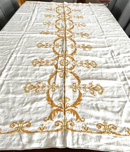 Handmade Gold Embroidery Tablecloth: Vintage White Linen, 56x70 Rectangle - Etsy