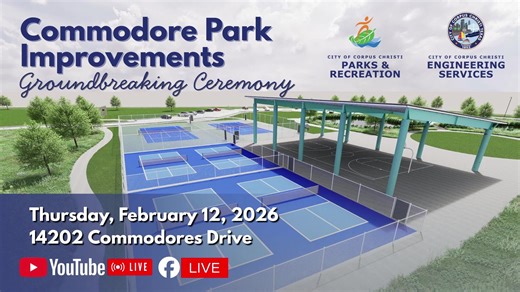 LIVE: The City of Corpus Christi is breaking ground on park improvements at Commodore Park. The $3.4 million project will significantly enhance this regional park. 𝗡𝗲𝘄 𝗮𝗺𝗲𝗻𝗶𝘁𝗶𝗲𝘀 𝘄𝗶𝗹𝗹 𝗶𝗻𝗰𝗹𝘂𝗱𝗲: • Covered Basketball Court Pavilion • 2 Tennis and 4 Pickleball Courts • Playground • Bird Observation Blind • Concrete Walking Trail • Picnic Area • Parking and Accessibility • Park Lighting The park improvements, part of voter-approved Bond 2022 and 2024, are scheduled for completio