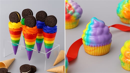 Rainbow Oreo cone cupcakes and colorful swirl cupcakes