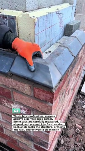Perfect Brick Corner With Stone Cap Installation | #Masonry #Construction #SkilledWork