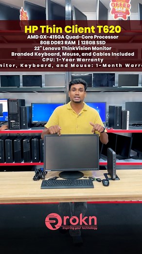 HP ThinClient T620 AMD GX-415GA Quad-Core Processor 8GB DDR3 RAM 128GB SSD – Fast & Reliable 22" Lenovo ThinkVision Monitor Branded Keyboard, Mouse & Cables Included Warranty: ✅ CPU – 1 Year ✅ Monitor, Keyboard & Mouse – 1 Month 📍 Visit our nearest showroom: Perinthalmanna: 91 90204 15142 Calicut: 91 9746 996995 Manjeri: 91 9567 92 41 42 #Rokn #RoknIT #HPThinClient #LenovoMonitor #BudgetPC #OfficeSetup #TechDeals #ComputerSale | Rokn it products