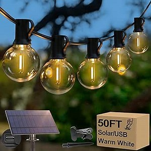 50FT Solar String Lights, Waterproof LED Outdoor String Lights, G40 Globe Patio Lights Solar Powered with 27 Shatterproof E12 Bulbs, 2700K Solar Lights for Outside Porch Garden Backyard Party Decor