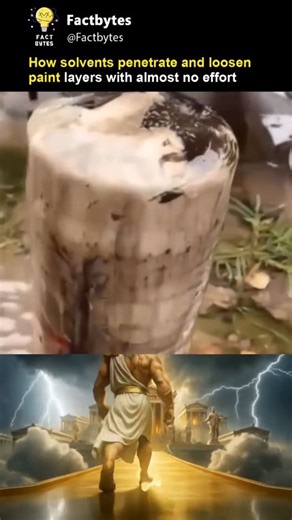 Factbytes on Instagram: "Solvents loosen paint by chemically breaking down the paint's binder (like resins or oils), allowing them to penetrate through cracks and pores, swell the paint film, and dissolve the bonds holding pigments, turning the hard coating into a soft, gooey mess that peels or scrapes off easily, often involving processes like swelling the polymer matrix to a rubbery state to facilitate removal. #solventscience #paintremoval #chemicalreaction"