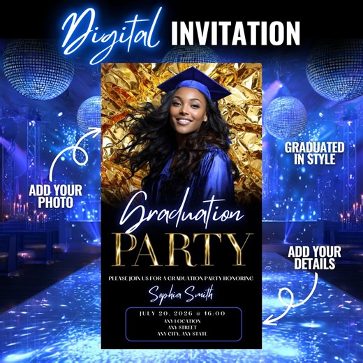 Blue Graduation Party Invitation | Class of 2026 Animated Digital Evite | Editable Grad Ecard Invite for Women | Instant Download - Etsy