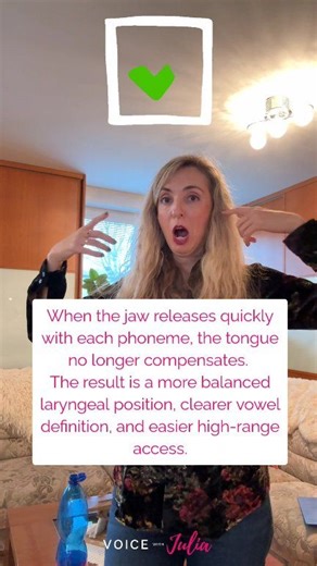 Most singers treat their jaw tension as an unchangeable physical construct. It isn’t. It’s a trainable pattern. In the first phrase of this reel, I don’t release my jaw on the text. The resonance collapses, the vowels sit shallow, and the whole line feels boxed in. This is what happens when the jaw stays fixed and the tongue has to do all the work. In the second phrase, I release the jaw on every phoneme. Instantly the vowels align, the tongue stops dragging the larynx around, and the sound bala