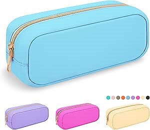 Iqimott Nylon Small Makeup Bag Slim Cosmetic Zipper Pouch, Preppy Brush Compact Make up Pouch Toiletry Bag, Waterproof Purse Travel Coin Storage for Women Girls Teens(Blue),(Slim-NylonMakeupBag-Blue)