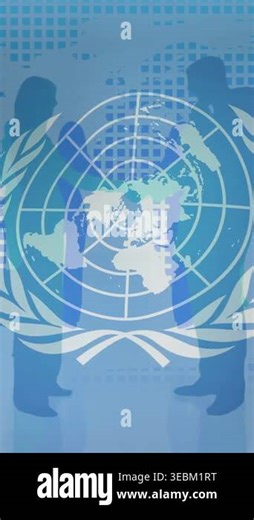 Vertical video: On loop start center globe emblem pulsing while reps tilting showing formal talks. Map, silhouettes, motion, layered, blue, grid, vertical video Stock Video Footage - Alamy