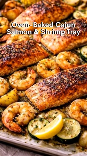 Oven-Baked Cajun Salmon & Shrimp Tray 🍤🐟 🧂 Ingredients (Serves 3–4) Seafood 3–4 salmon fillets (skin on or off) 300–400 g shrimp, peeled & deveined Vegetables 2 cups baby potatoes, halved 1 zucchini, sliced Lemon slices (for baking & serving) Seasoning 2–3 tbsp olive oil 2 tbsp Cajun seasoning (store-bought or homemade) 3 cloves garlic, minced 1 tsp paprika (optional, for deeper color) Salt & black pepper, to taste 1 tbsp chopped parsley (optional, garnish) 🔥 Step-by-Step Instructions Step 1