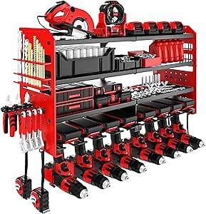 Power Tool Organizer Wall Mount, Metal Power Tool Storage Rack with Screwdriver Holder, Garage Tool Storage Shelves with Screwdriver Holder Plier Holder (Red, 8 Drills Holder)