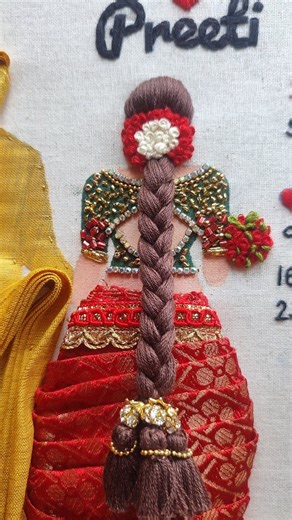 Manjula | Embroidery Hoops | Crafts on Instagram: "Most difficult and most favourite one 💕 This is the hoop it took me so much time to work on golden roses and the hair styling Stay tuned to see the full hairstyle @hoop_nloop Customer's request is up skilling to me #hairembroidery #embroideryhoop #bridalhoop #embroiderytutorial #trendingcraft #learnembroidery #bridalhairstyle #hairtutorial"