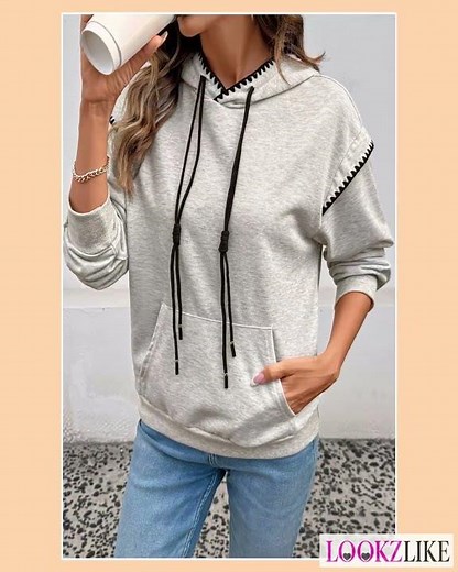 Contrast Trim Drawstring Hoodie with Kangaroo Pocket