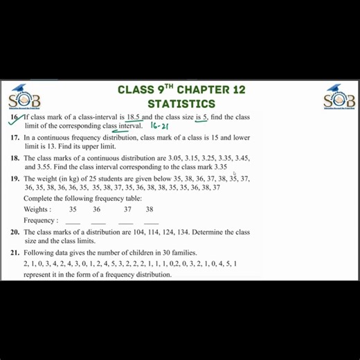 SOB on Instagram: "In this short video from School of Backbenchers (SOB) 🎓, we solve an important exam-based question from Class 9 Maths Chapter 12 – Statistics related to continuous frequency distribution. 👉 Question: In a continuous frequency distribution, the class mark of a class is 15 and the lower limit is 13. Find the upper limit of the class. 🔍 Concept Used: • Class Mark = (Lower Limit + Upper Limit) ÷ 2 • Simple substitution and calculation 📘 Why This Question is Important ✔ Frequen