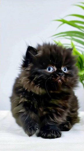 Fluffy Black Persian Kitten with Sapphire Eyes in a Minimal Studio Scene 🖤✨ #catlab