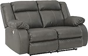 Signature Design by Ashley Denoron Faux Leather Upholstered Power Reclining Loveseat with Adjustable Positions and USB Plug In, Gray