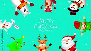 Cute cartoon Christmas characters, Santa claus, snowman, Tree, Reindeer, fox, bear, rabbit and little elf. Merry Christmas and happy new year concept animation.