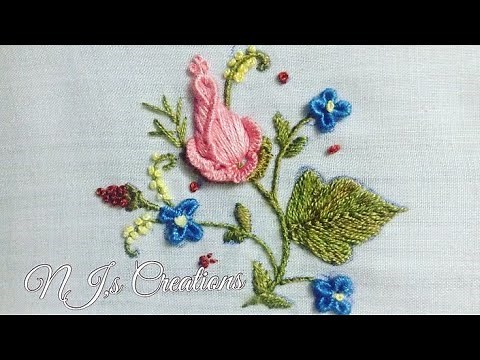14-HAND EMBROIDERY | First time on youtube Brazilian embroidery rose bud with new technique
