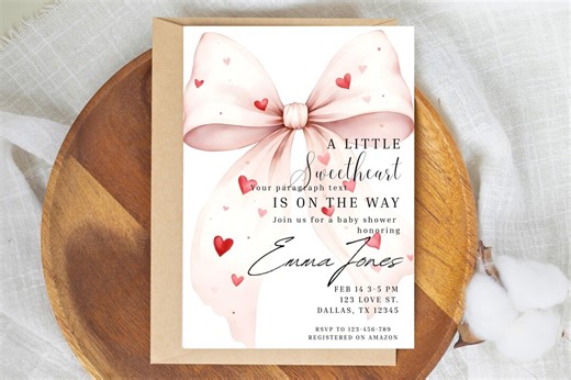 Valentine Baby Shower Invitation, Little Sweetheart Bow, Canva Template (digital Download) - Etsy