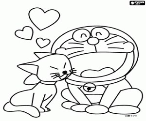 Doraemon and a kitten coloring page printable game