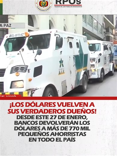 ¡LOS DÓLARES VUELVEN A SUS VERDADEROS DUEÑOS! DESDE ESTE 27 DE ENERO, BANCOS DEVOLVERÁN LOS DÓLARES A MÁS DE 770 MIL PEQUEÑOS AHORRISTAS EN TODO EL PAÍS El presidente del Banco Central de Bolivia, David Espinoza, informó que esta medida beneficia al 80% de los ahorristas que tienen hasta mil dólares en sus cuentas hasta el 31 de diciembre de 2025. #RPOsBolivia #SiempreBolivia