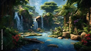 beautiful nature landscape waterfall in the jungle with butterfly. seamless looping time-lapse virtual 4k video animation background.