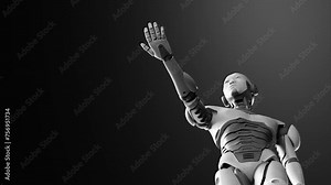 humanoid cyborg prototype moving arm and showing palm hand empty space for adding object , black deep space background, artificial intelligence concept of futuristic scenario 3d rendering animation