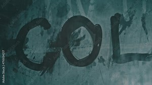 Inscription Snow with a finger on frozen window during snowstorm. Word Winter handwritten on snowfall background. Winter, cold, frosty weather. Snowy day and temperature outside is below zero. Stock Video