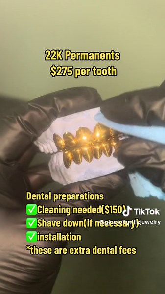 22K Permanent Golds🏆 Dental preparations ✅Cleaning needed($150) ✅Shave down(if necessary) ✅installation *these are extra dental fees We make sure your permz are done right‼️ We also offer Diamond permanents as well💎🥶💎 📲954-980-8995 #perm #permanent #gleefullgrillz #glee #954 #pompano #pompanobeach #florida #gold #teeth #smile