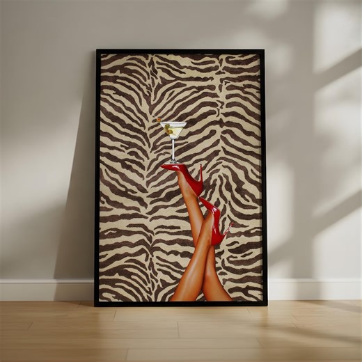 Red Heels & Martini Digital Download | Bold Zebra Pattern Wall Art | Retro Glam Fashion Print for Chic Interiors - Etsy